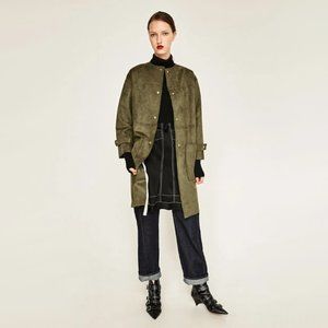 EUC Zara olive khaki green faux suede button up collarless jacket